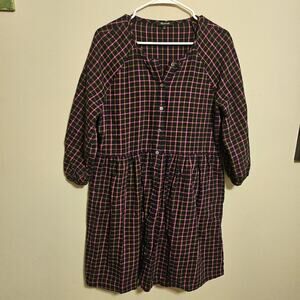 Madewell 6 Plaid Flannel Raglan Button Front Shirtdress Black Pink Orange